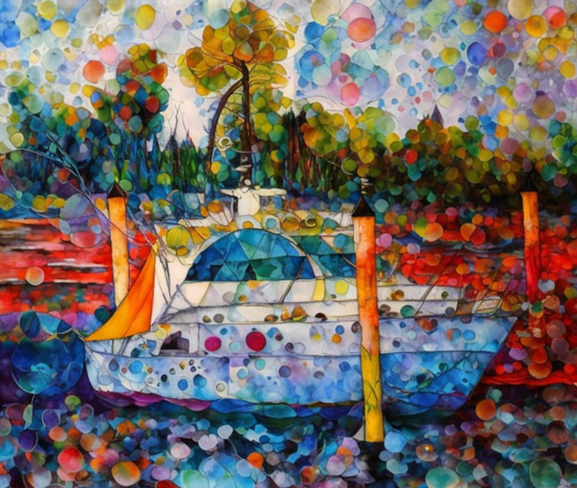 Colorful Abstract Boat Painting with Circular Patterns