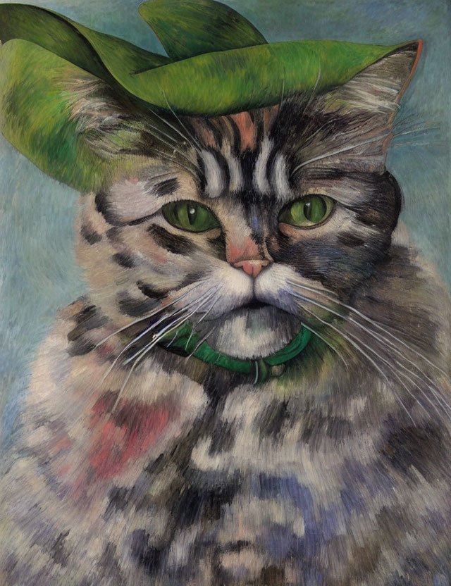 Cat portrait with green eyes, collar, leaf, and blue background