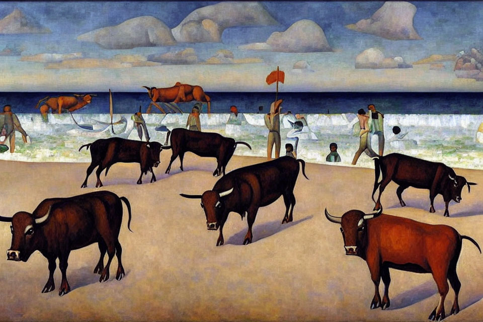 Stylized beach scene painting with blue sky, sea, and brown bulls