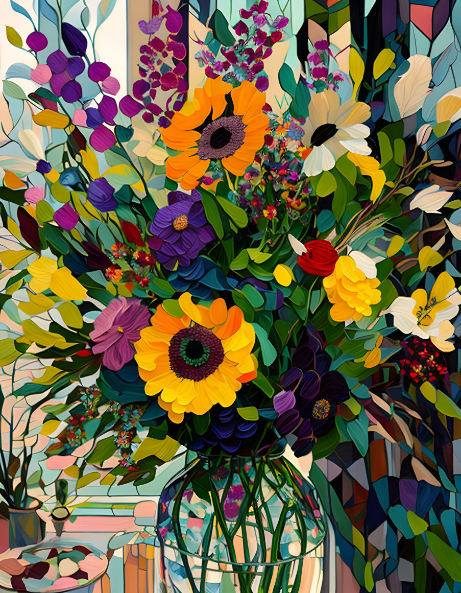 Colorful Flower Bouquet in Clear Vase with Mosaic Background