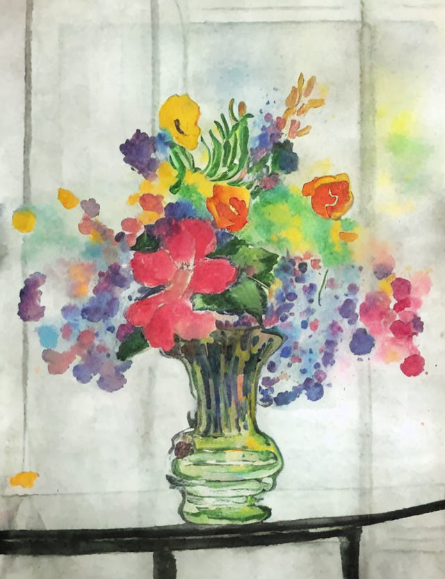 Colorful Flower Bouquet Watercolor Painting in Glass Vase