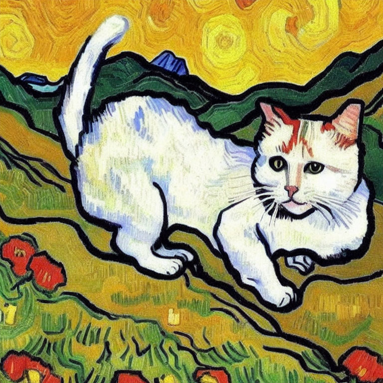 White Cat Painting with Striking Eyes in Van Gogh Style