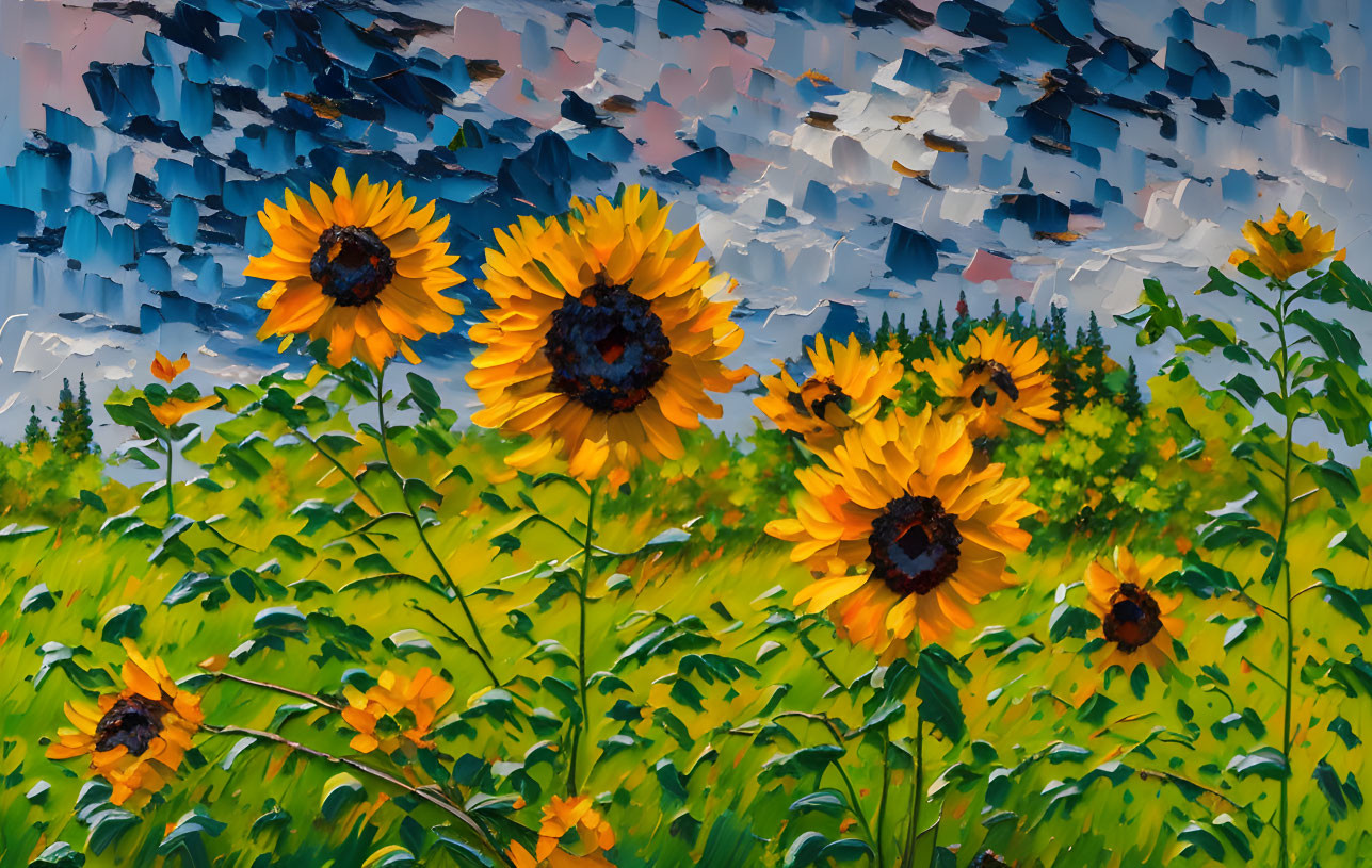 Bright Sunflowers in Lush Greenery Against Textured Sky