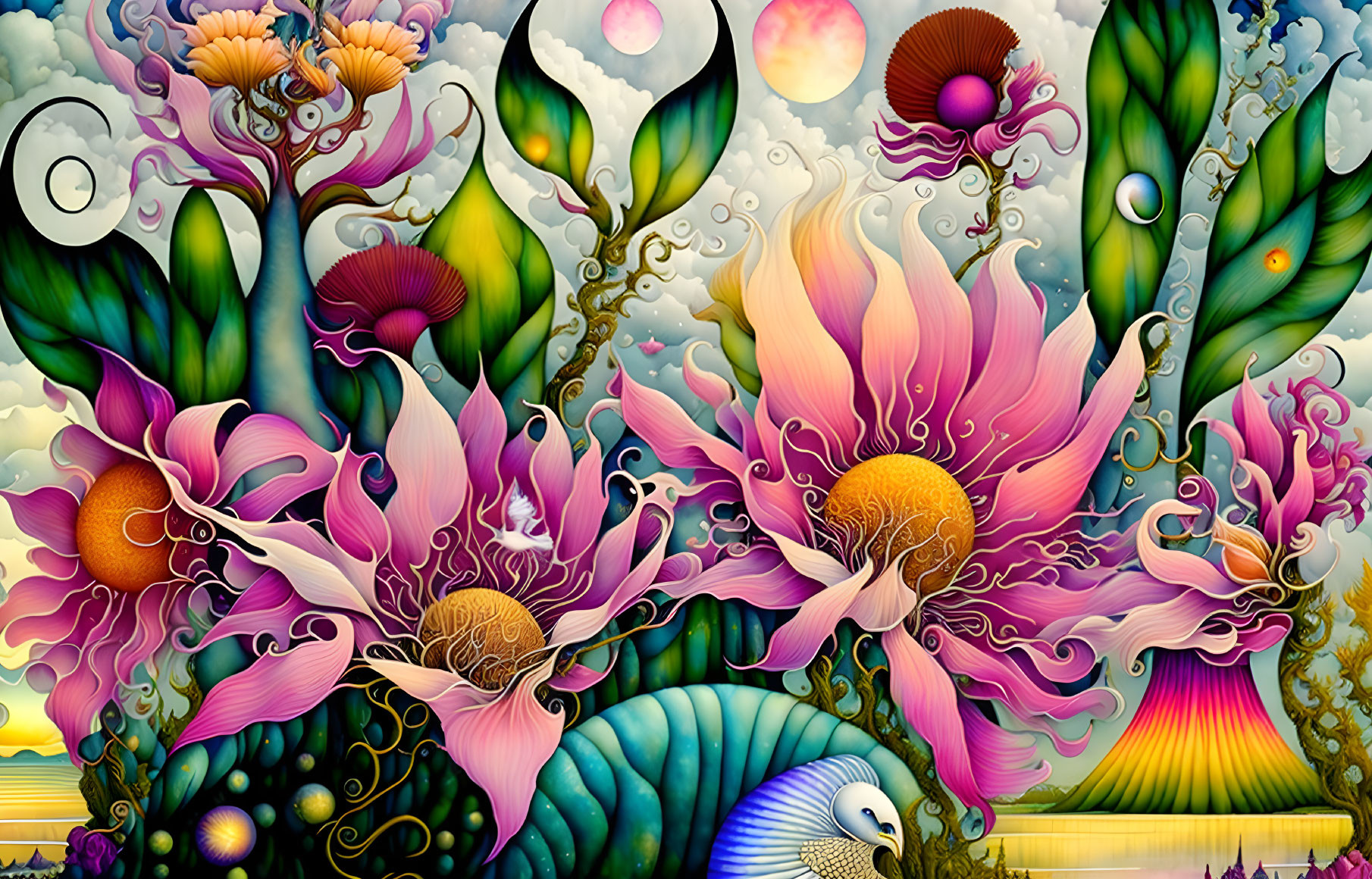 Colorful surreal artwork: stylized flowers, orbs, mountains, shell creature