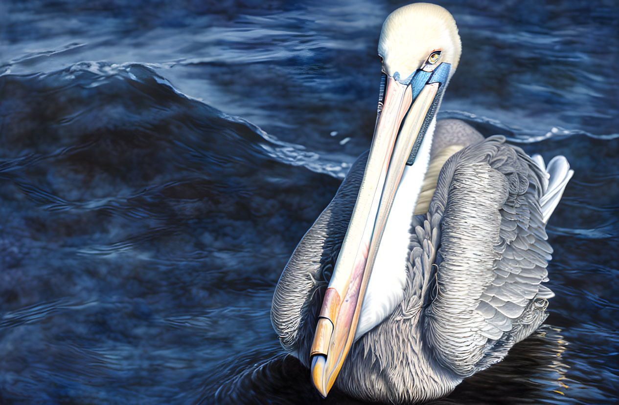 Pelican on Dark Blue Water with White and Gray Plumage