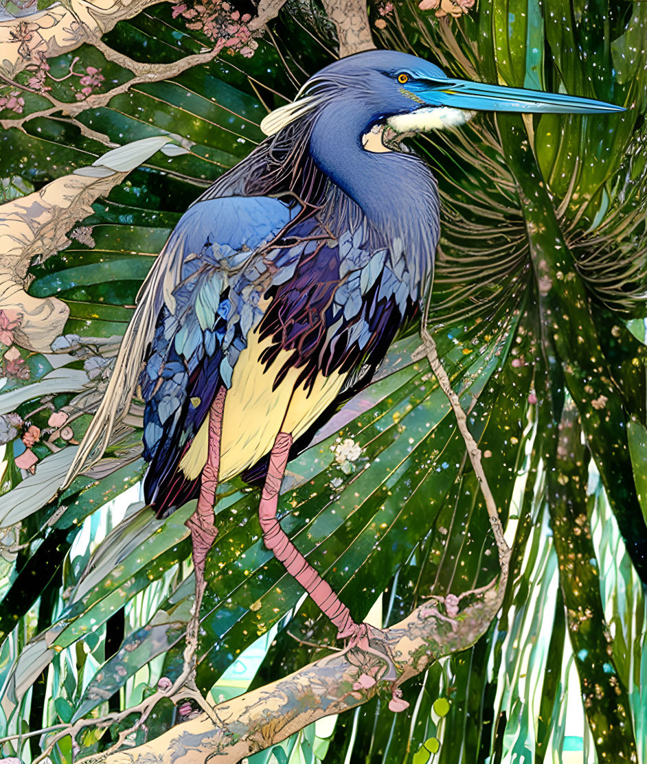 Vibrant heron on tree branch with green foliage and pink flowers