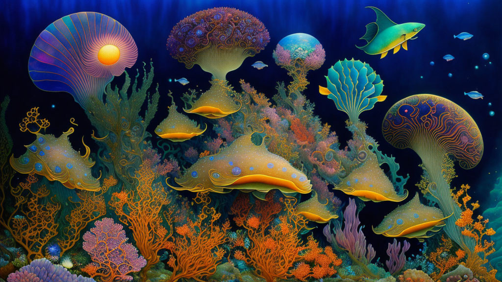 Vibrant underwater scene with colorful fish, coral reefs, and jellyfish in deep blue ocean.