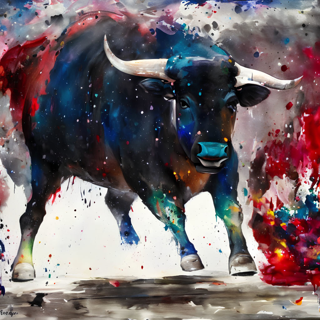 Colorful Abstract Bull Painting with Red, Blue, and Black Splashes