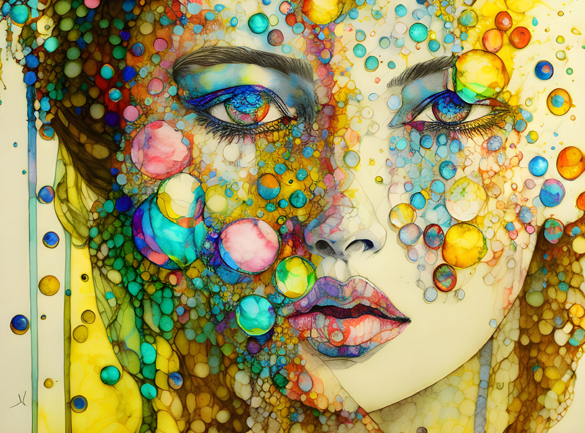 Colorful portrait of woman's face with multicolored bubbles, detailed eyes and lips