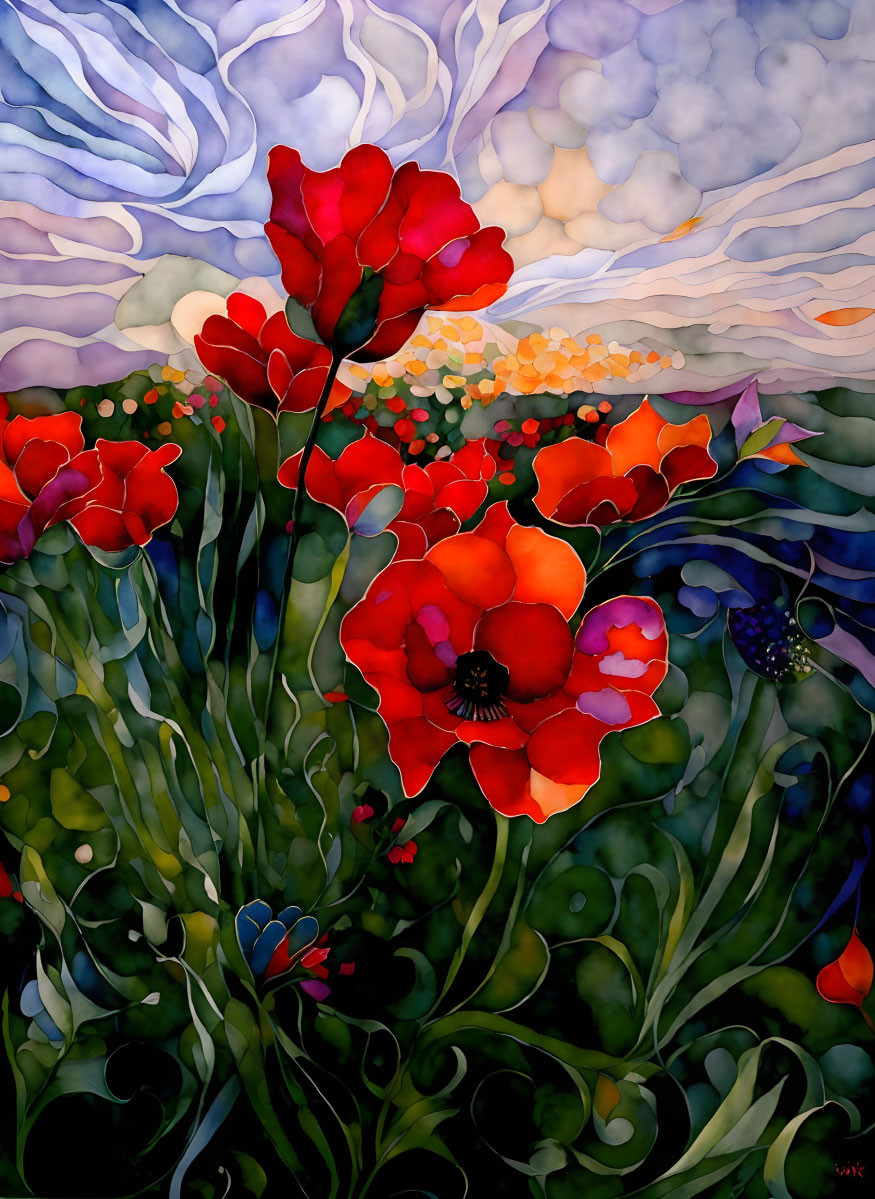 Colorful painting of red poppies, blue butterfly, and swirling skies.