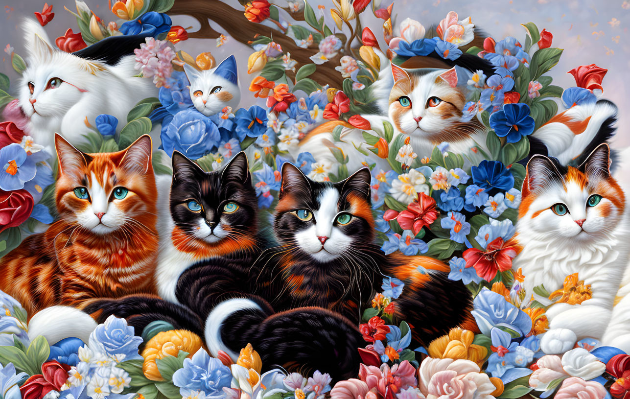 Six cats with various patterns surrounded by colorful flowers and leaves.