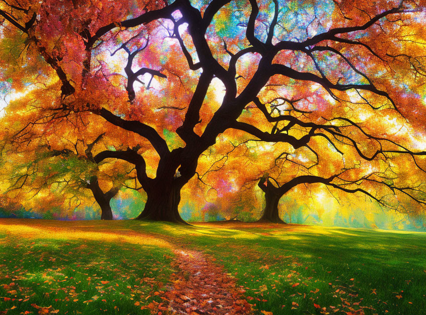 Scenic autumn landscape with wide tree branches and fallen leaves