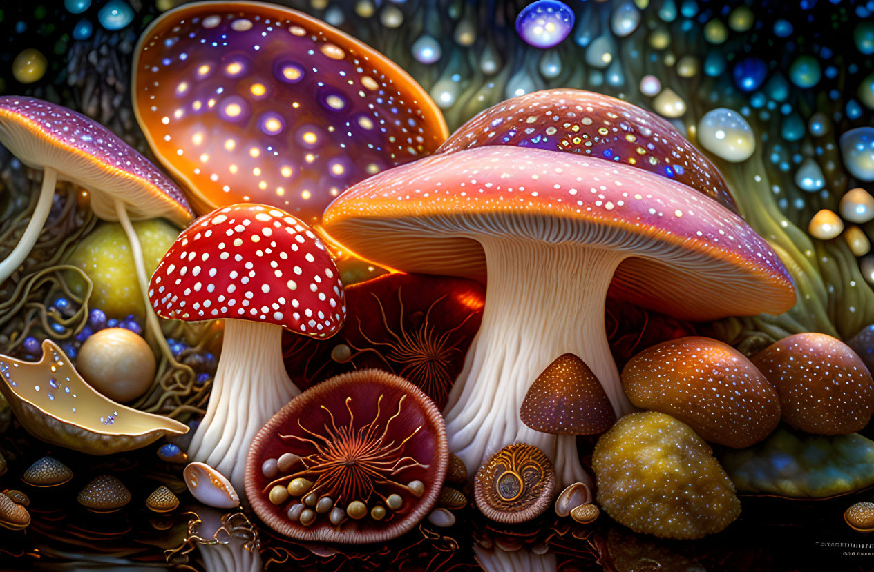 Colorful whimsical mushroom digital artwork with intricate patterns and sparkling lights.