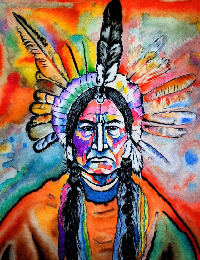 Vibrant watercolor portrait of a person in Native American headdress