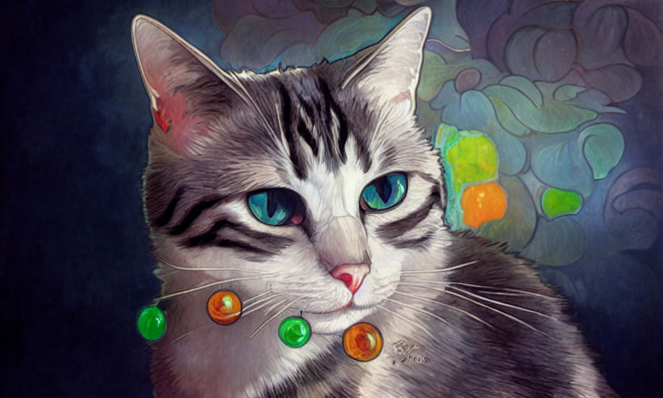 Stylized artistic image of a cat with blue eyes and beads on fur