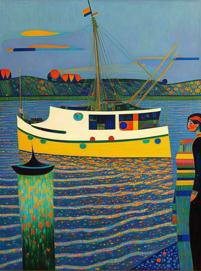 Vibrant boat painting with geometric patterns and whimsical landscape