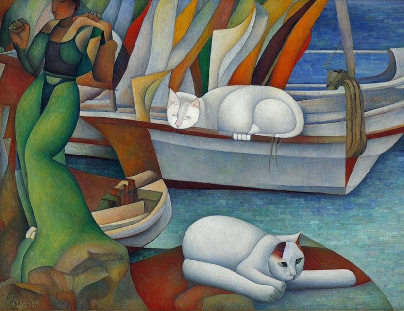 Stylized painting of woman in green dress with white cats by boats