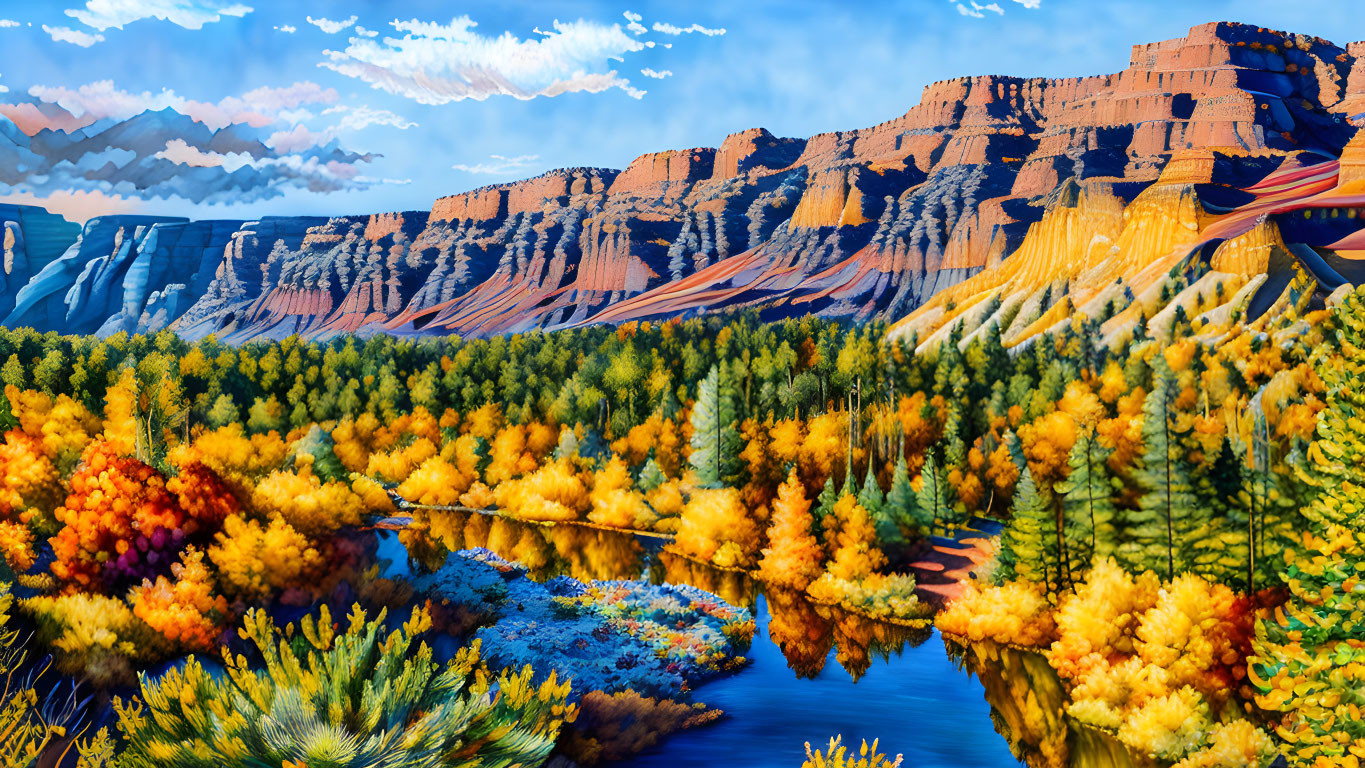 Colorful Autumn Forest with River and Striped Cliffs Landscape