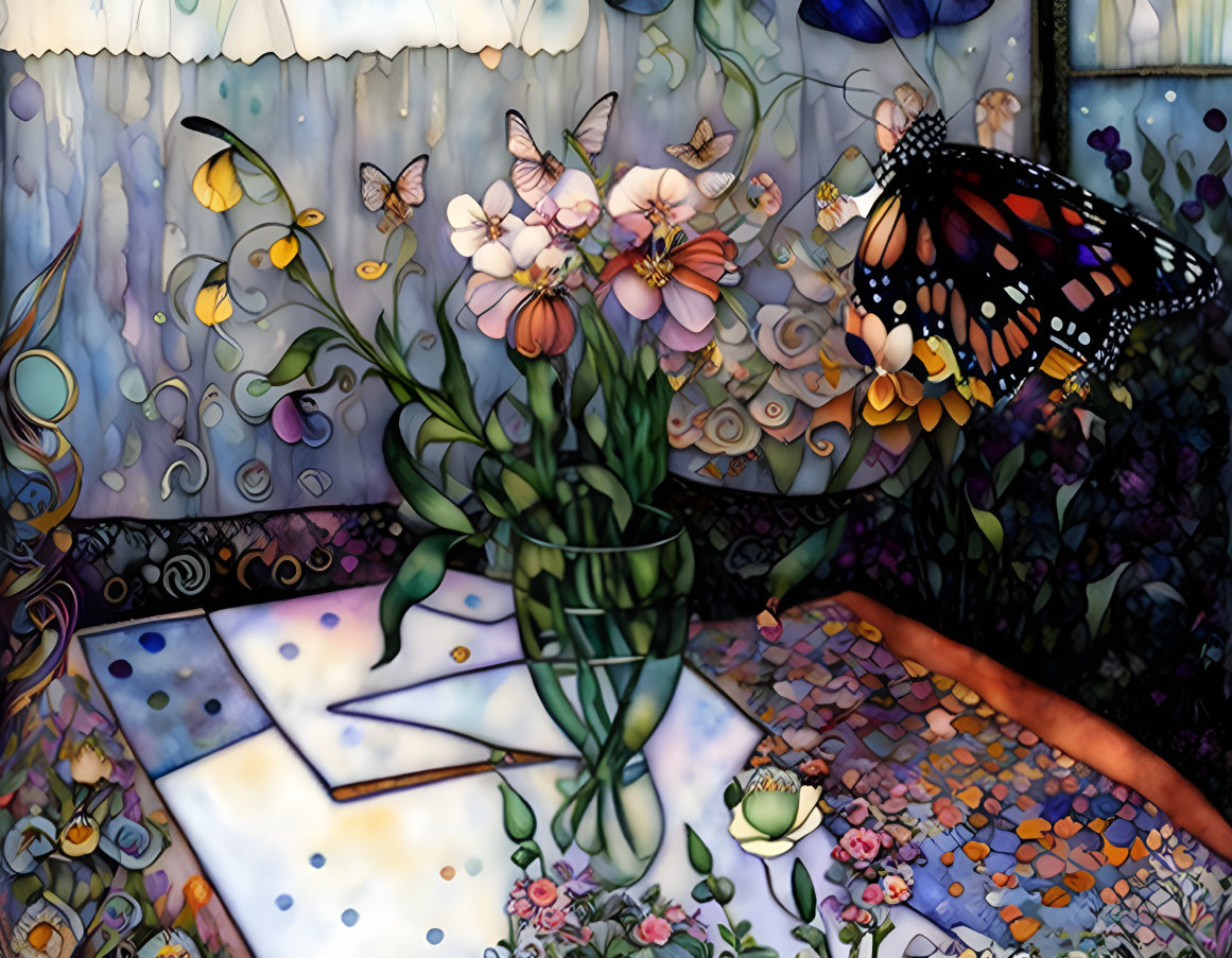 Vibrant artwork of vase, flowers, butterfly, envelopes on table