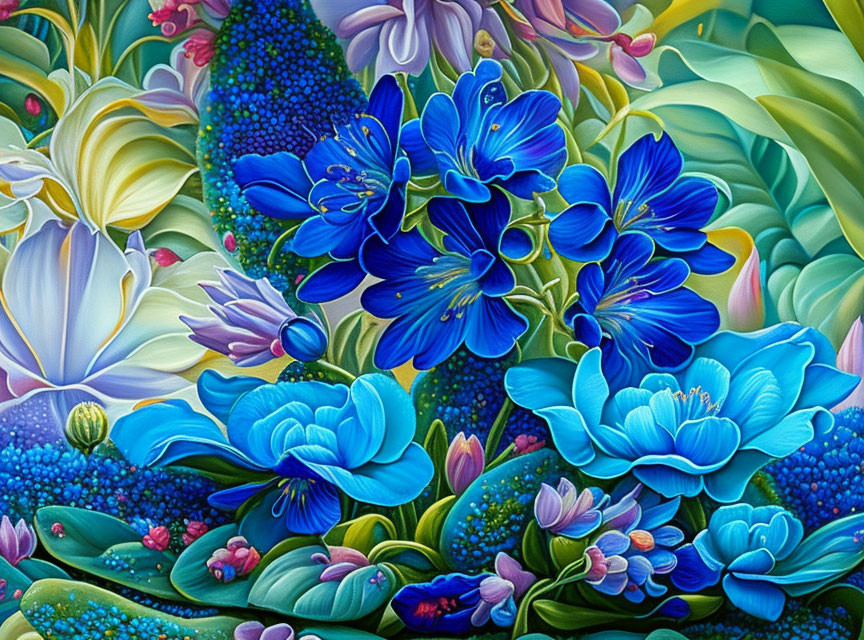 Colorful painting of blue and white flowers with green leaves and delicate buds