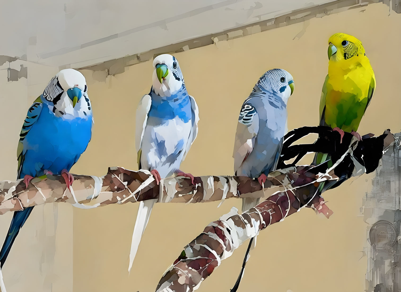 Colorful Budgerigars Perched on Branch in Digital Painting Style