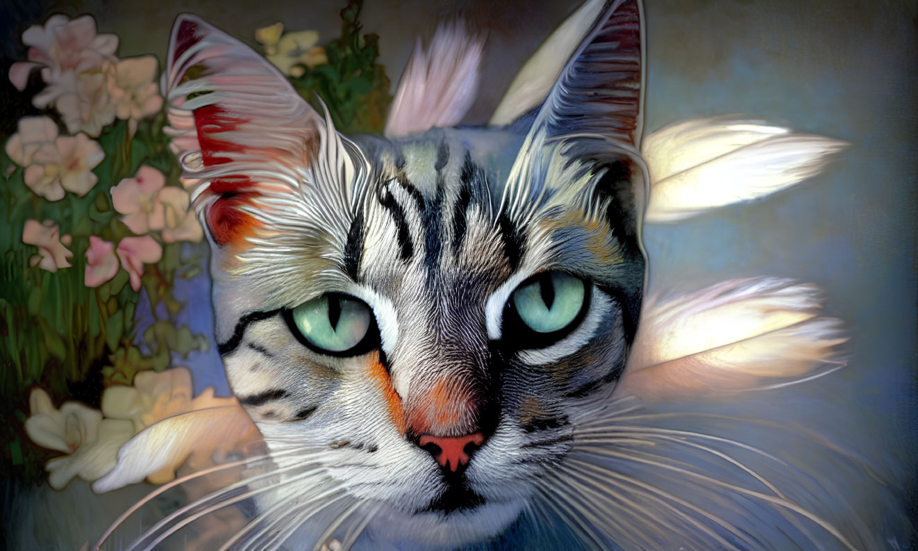 Digitally painted portrait of a cat with green eyes and vibrant fur textures on floral background