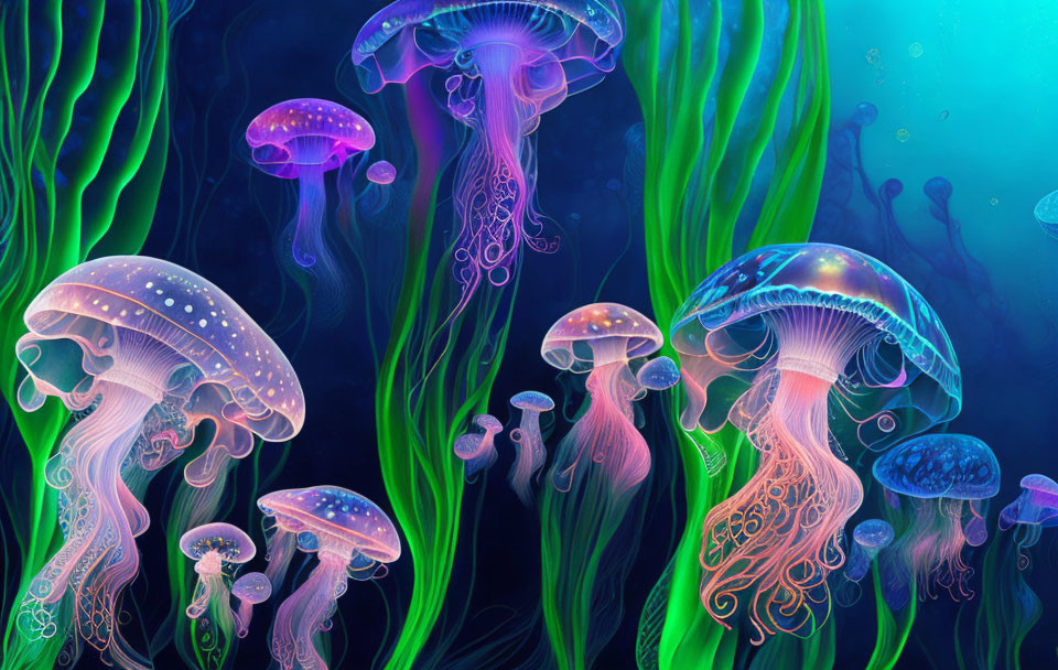 Colorful Jellyfish Among Seaweed in Digital Art Piece