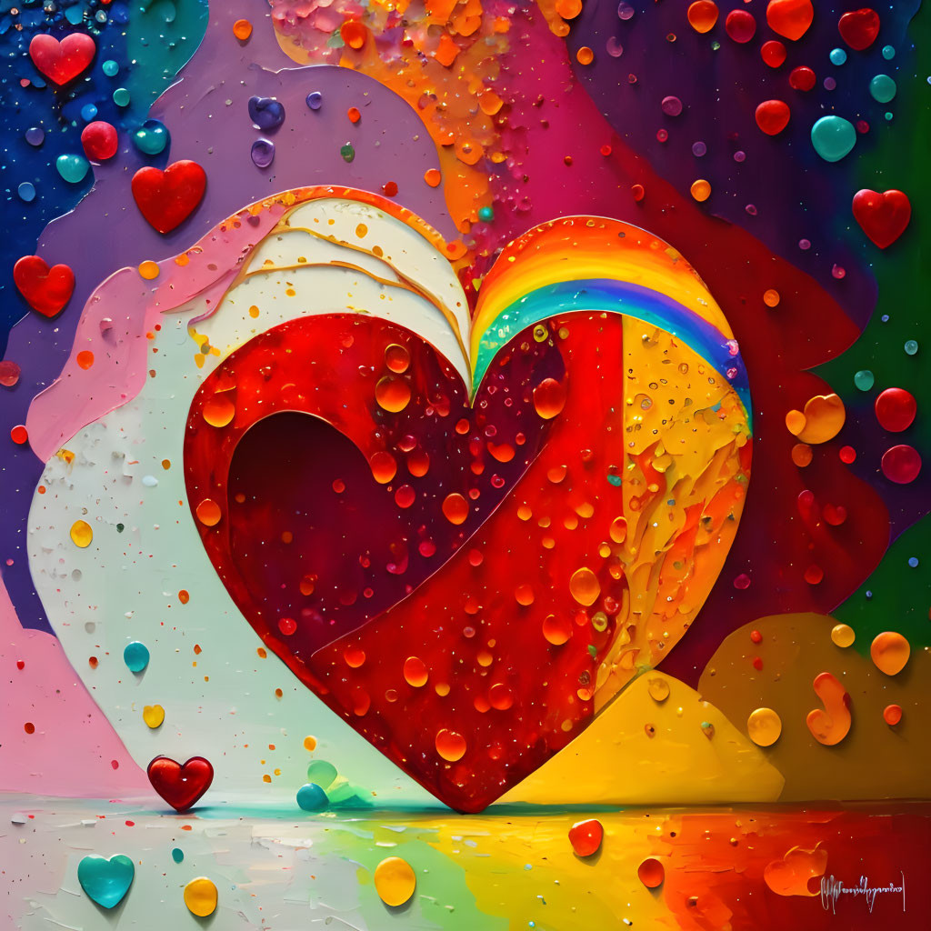 Colorful Heart Painting with Rainbow and Hearts on Multicolored Background