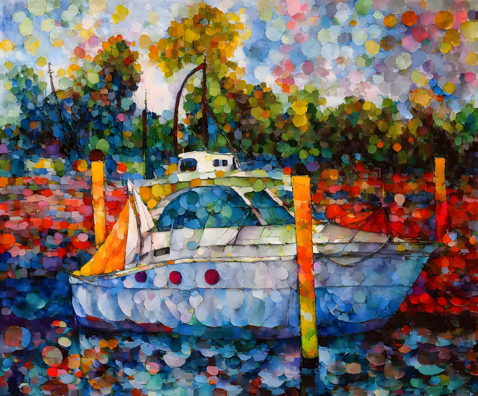 Vibrant Pointillist Painting of Boat at Dock in Autumn