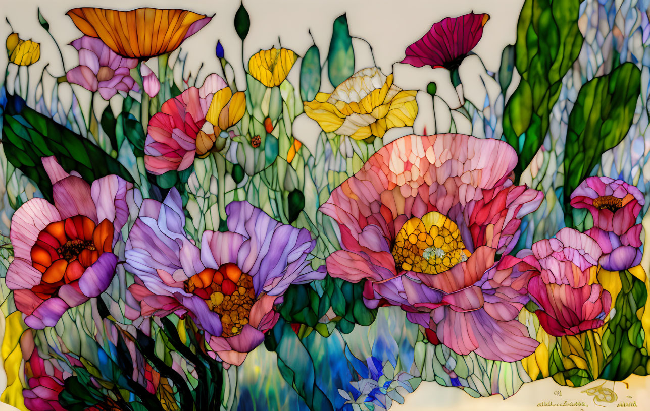 Colorful Flowers Stained Glass Artwork in Yellow and Blue