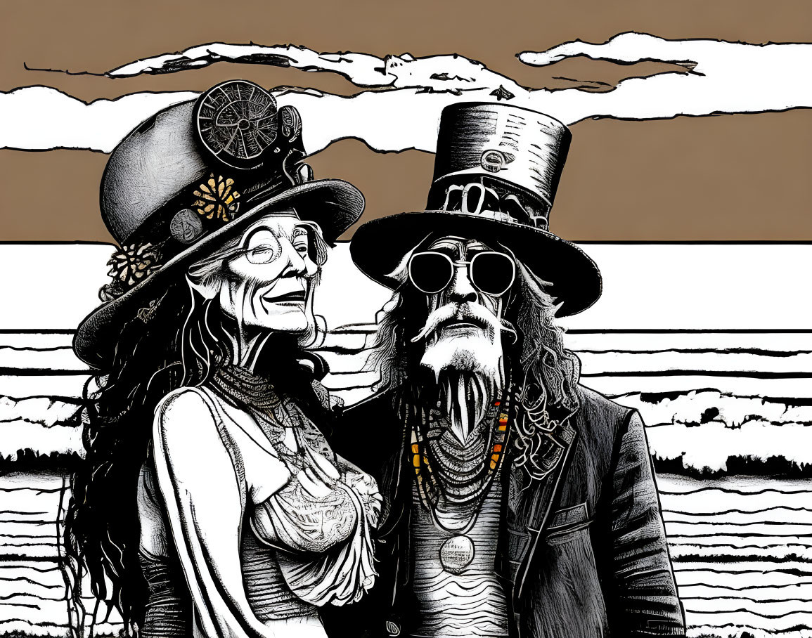 Steampunk-themed black and white illustration of individuals in elaborate attire with top hats and goggles.