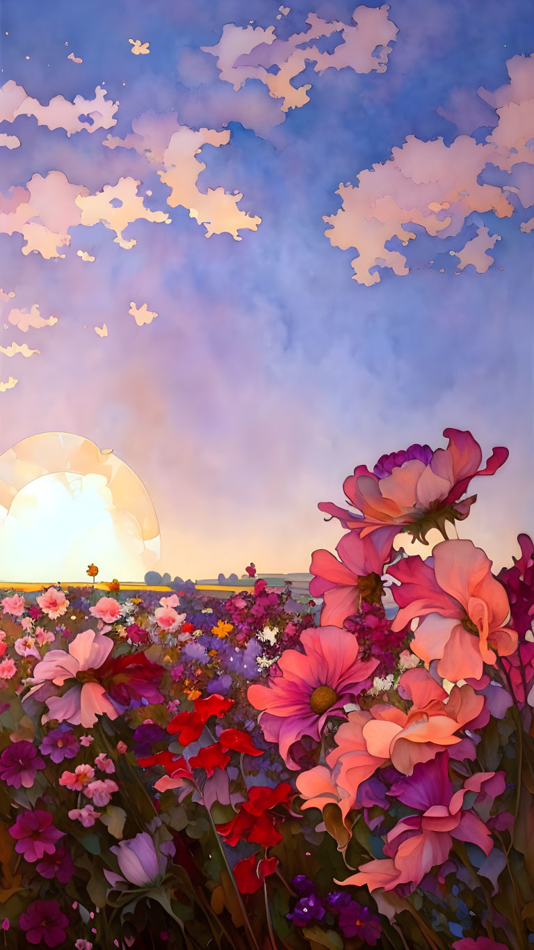 Colorful Sunset Flower Field with Silhouette Holding Umbrella