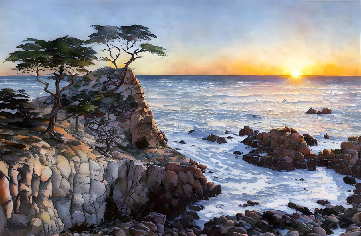 Tranquil sunset seascape with rugged cliff and windswept trees