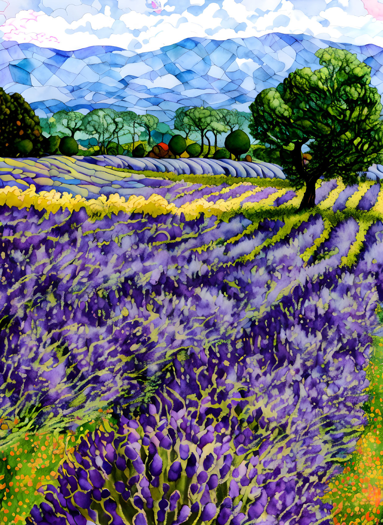 Vibrant Lavender Field Painting with Mosaic Sky