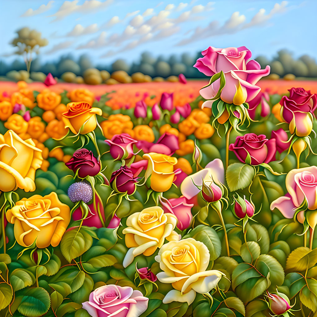 Multicolored roses in orderly rows under clear sky