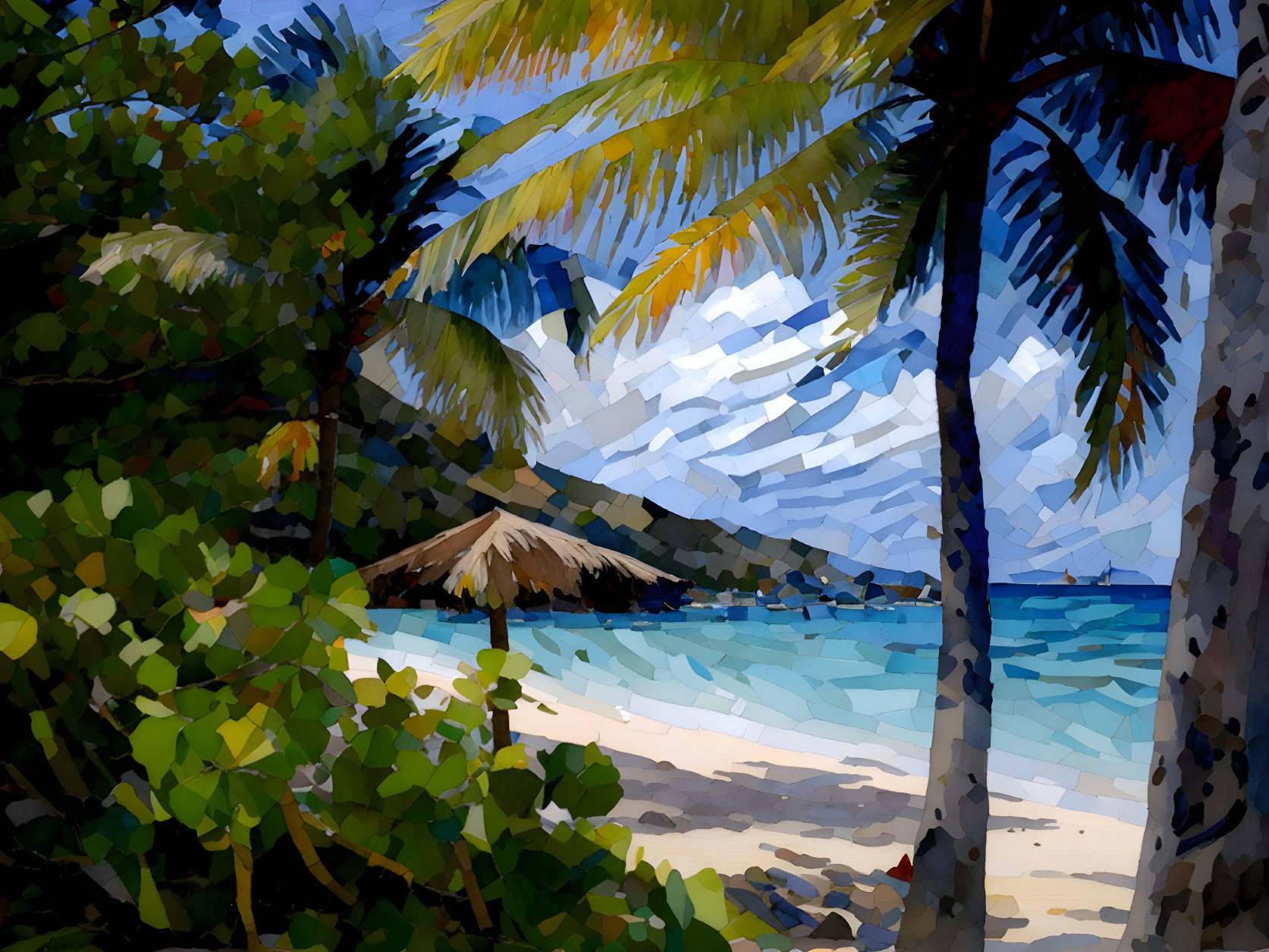 Tropical beach scene with palm trees and clear blue waters