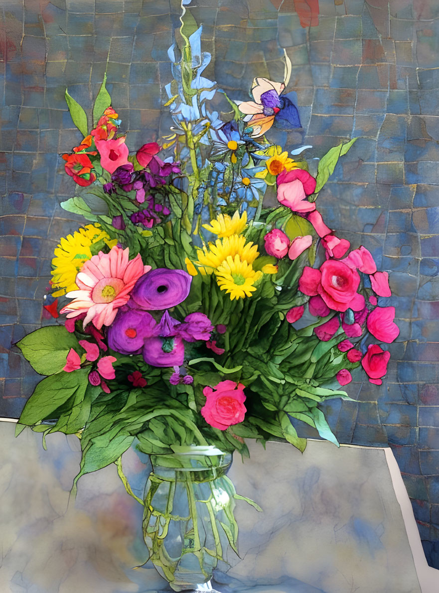 Colorful floral arrangement in clear vase on blue mosaic background