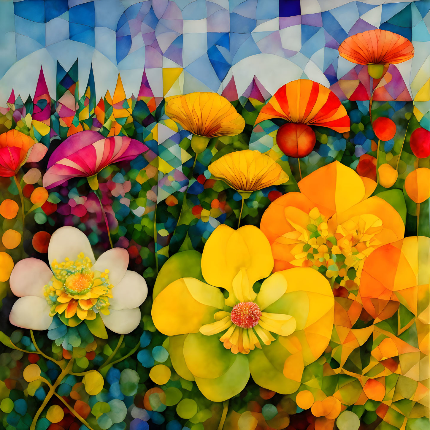 Colorful Abstract Floral Painting with Geometric Patterns