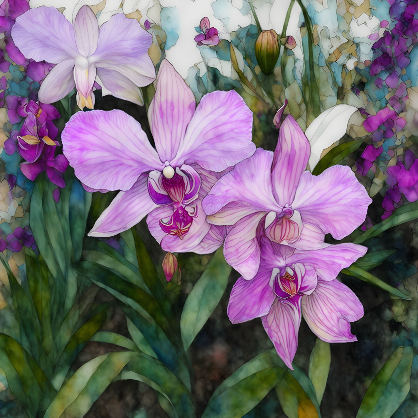 Vibrant Purple Orchids with Veined Leaves on Blurred Mosaic Background