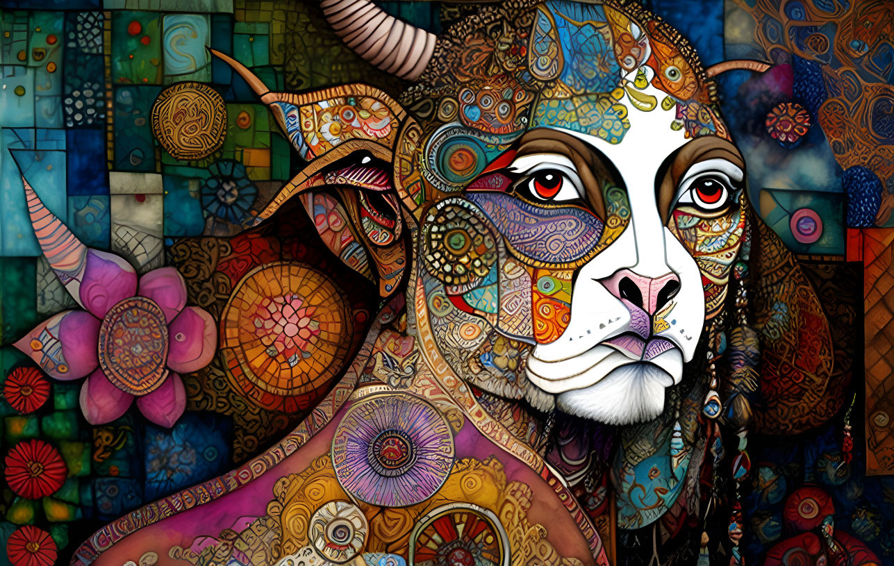 Colorful Abstract Mosaic Artwork of Goat's Face with Floral Patterns