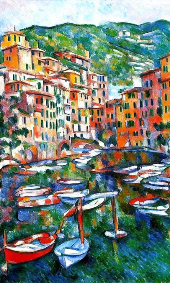 Vibrant Coastal Village Painting with Multicolored Buildings & Boats