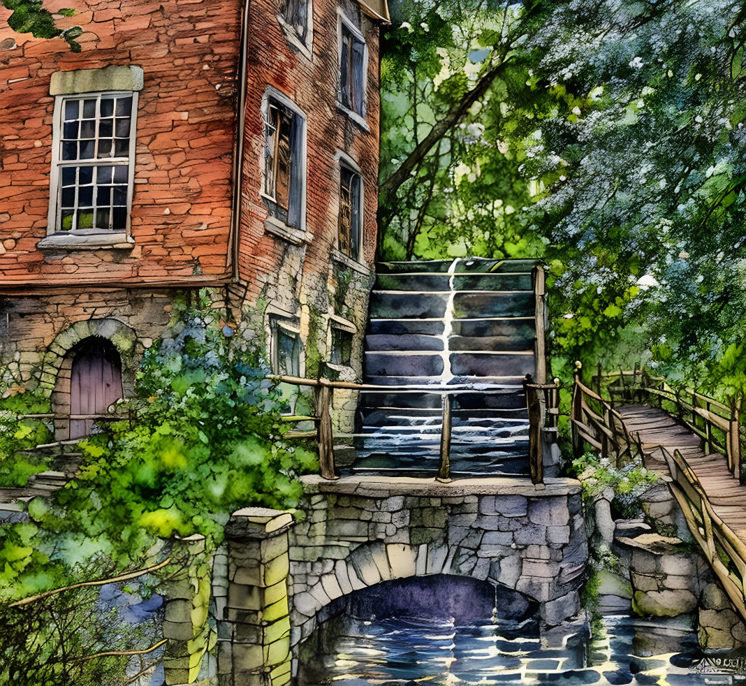 Rustic stone bridge over waterfall with red brick building in watercolor