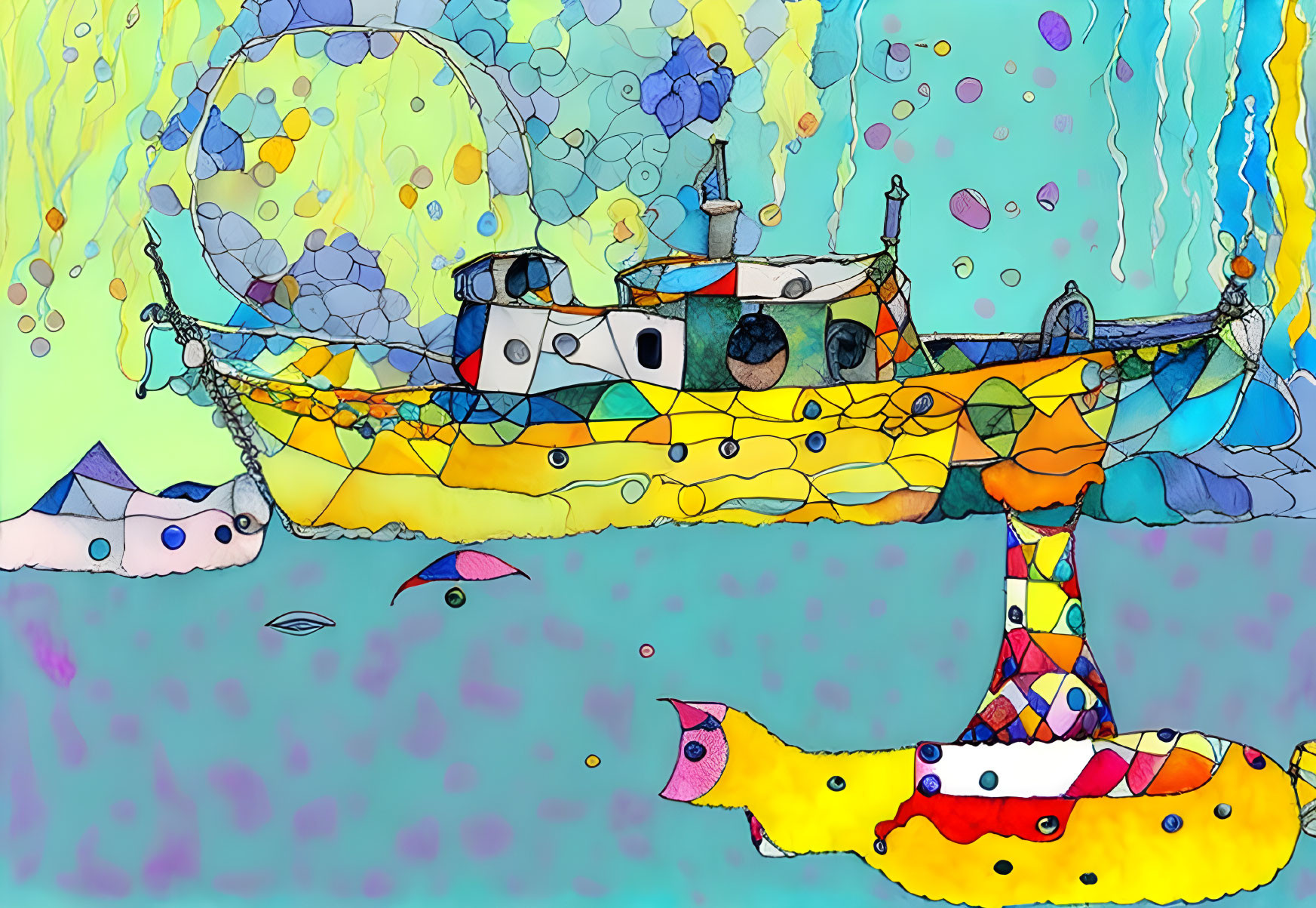 Colorful Submarine Illustration with Patchwork Patterns and Undersea Scene