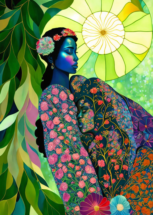 Illustrated woman with blue skin in floral robe among lush greenery and sun