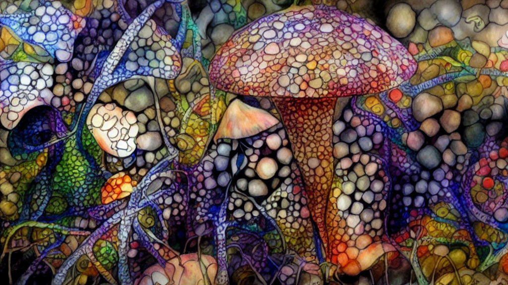 Colorful Abstract Mushroom Art with Bubble Background