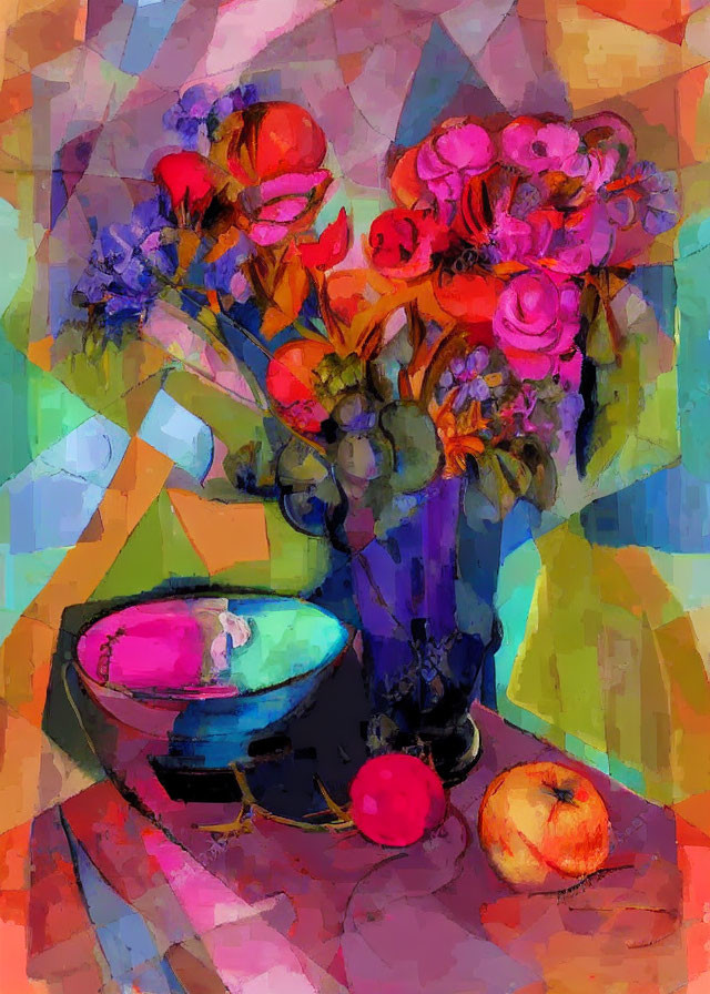 Colorful abstract digital painting of flower arrangement and fruit bowl