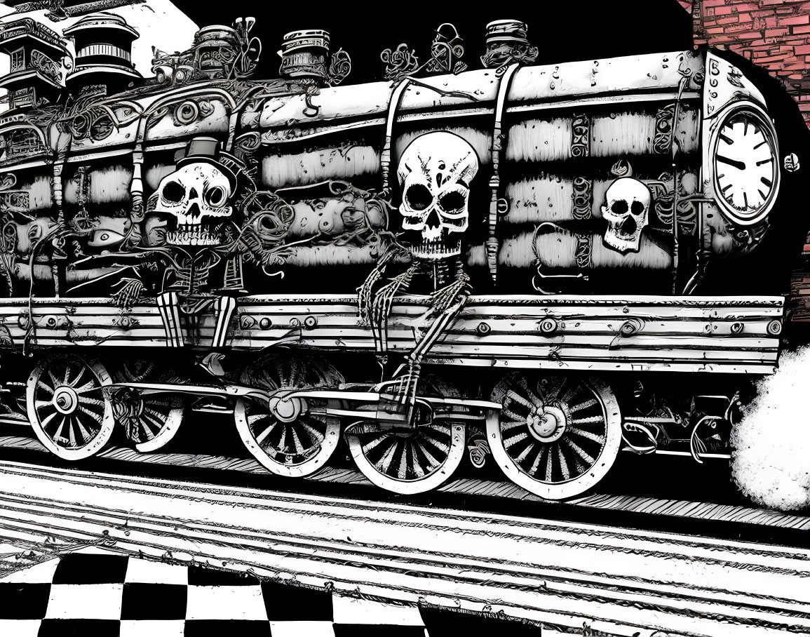 Monochrome artistic illustration of a skull-themed steam locomotive on checkered ground