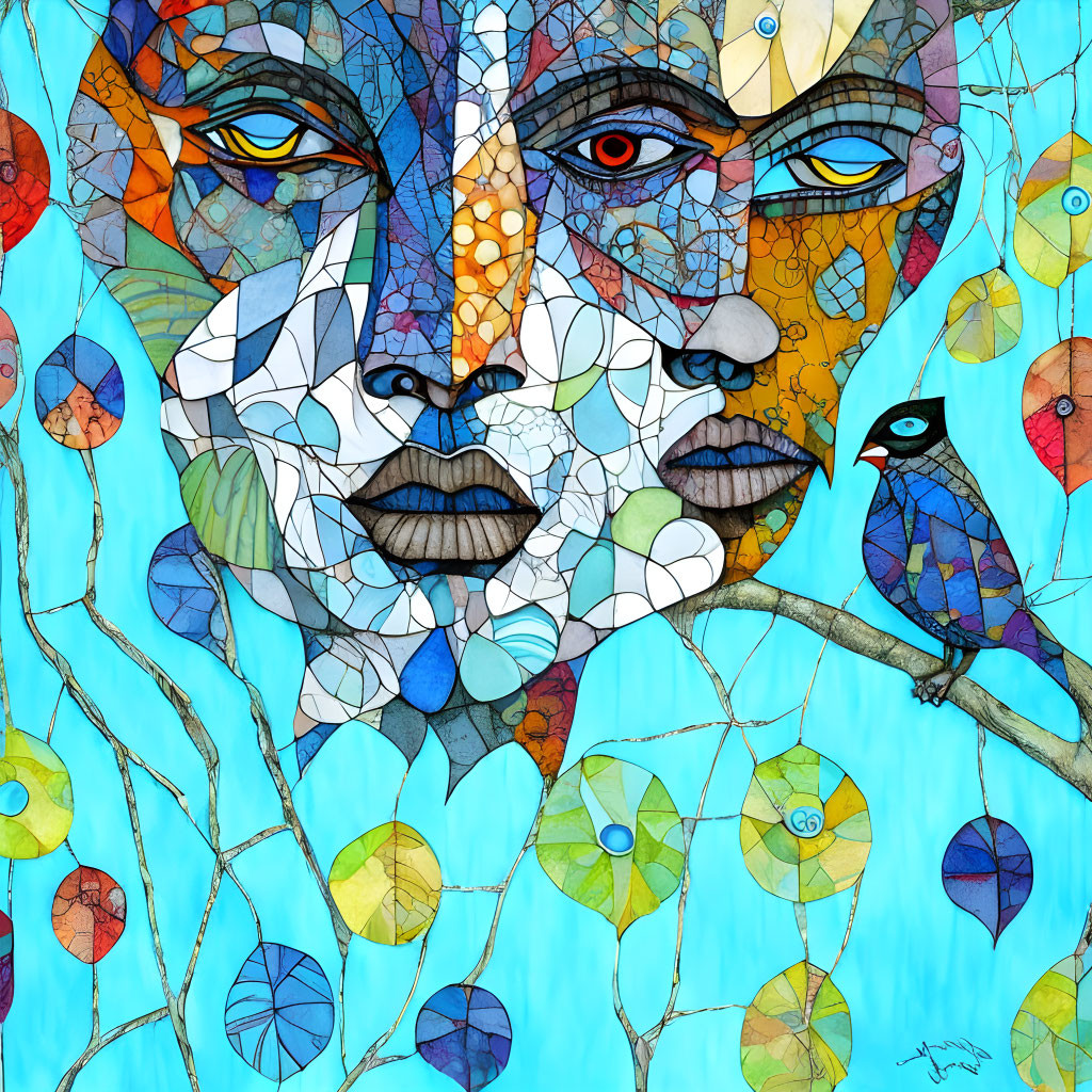 Colorful Mosaic Artwork of Serene Face with Bird on Branch