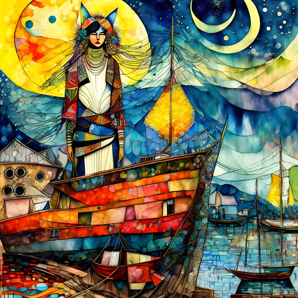 Colorful artwork of person on dock with boats under sun and moon sky