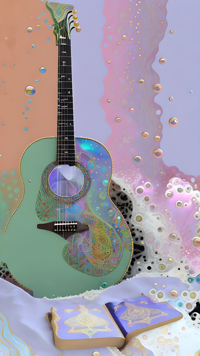 Vibrant psychedelic art: acoustic guitar and open book with intricate patterns